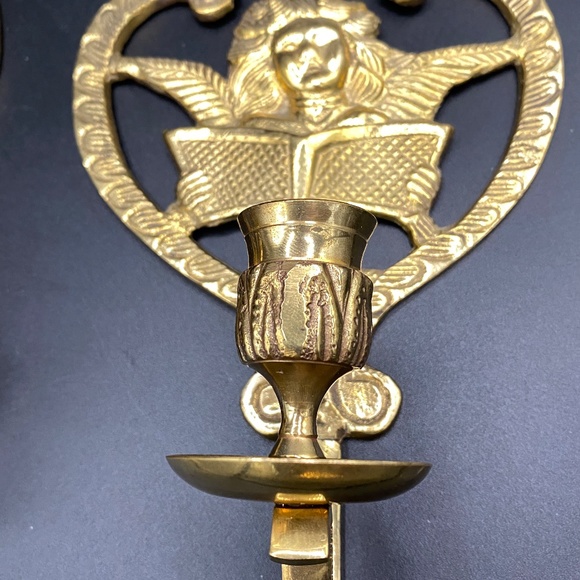 Candle Sconce x2 brass, christmas cherub with song book, VTG 1970s India - Picture 2 of 4